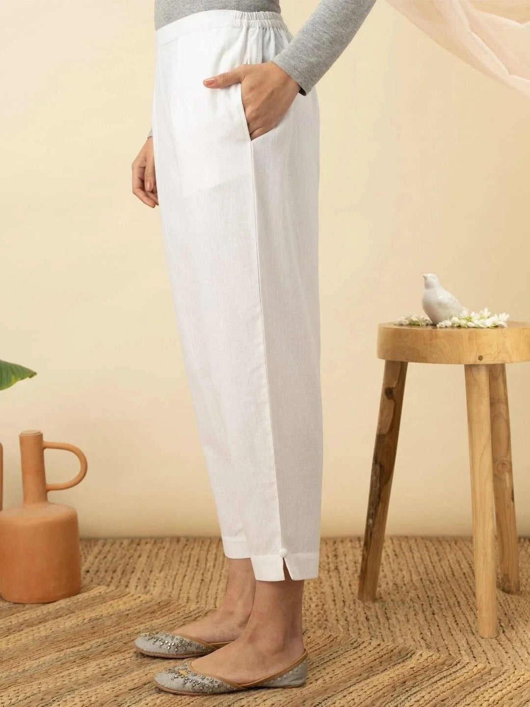 White Solid Cotton Trousers - Libas