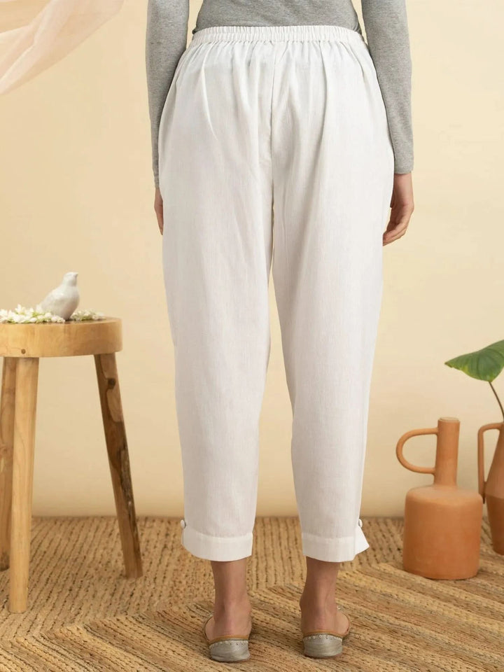 White Solid Cotton Trousers - Libas