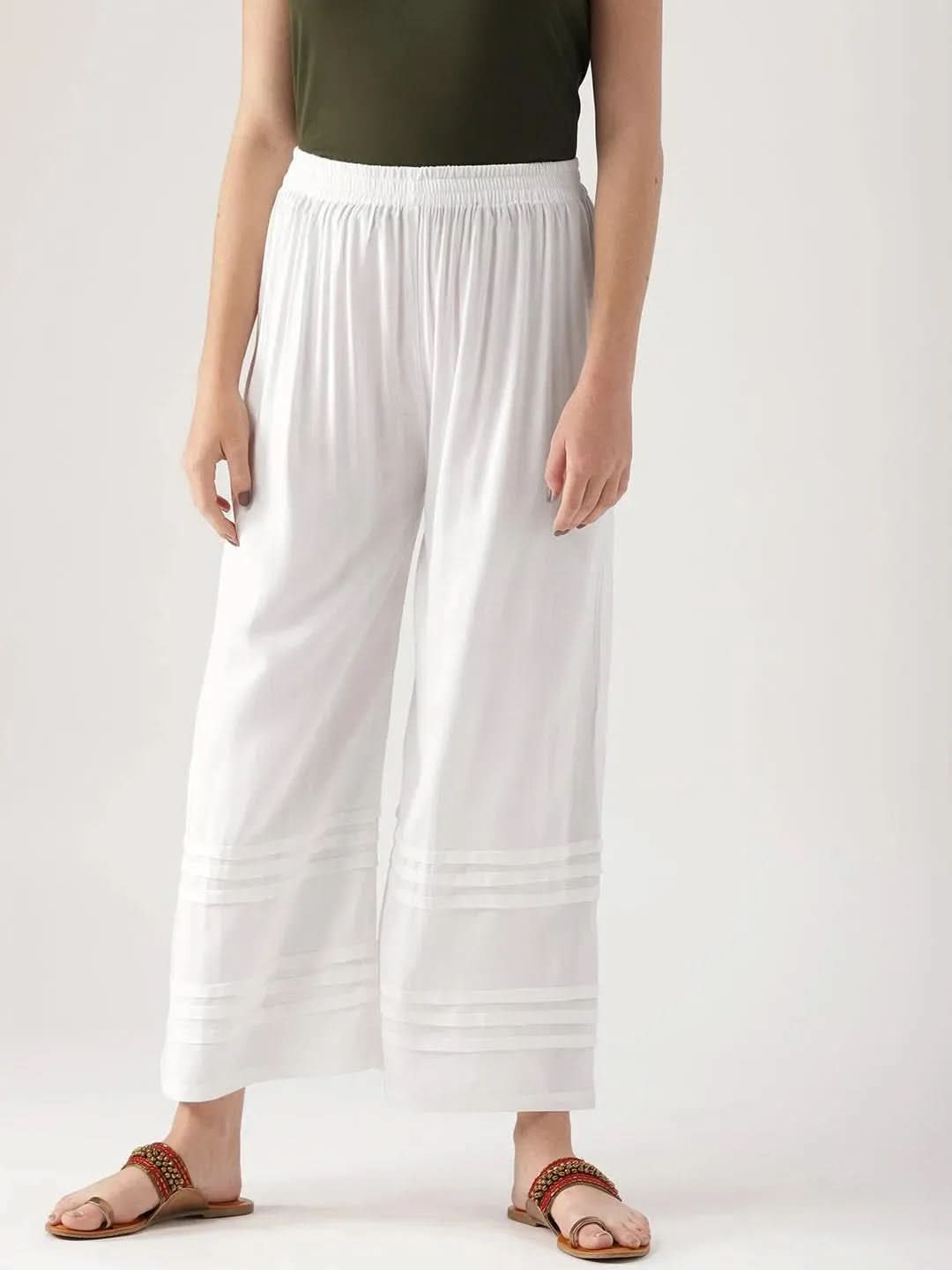 White Solid Rayon Palazzos - Libas