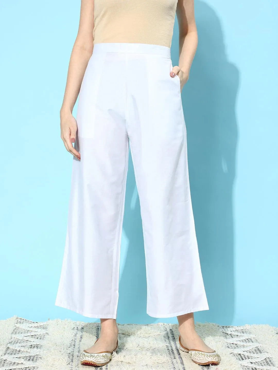 White Solid Silk Palazzos - Libas