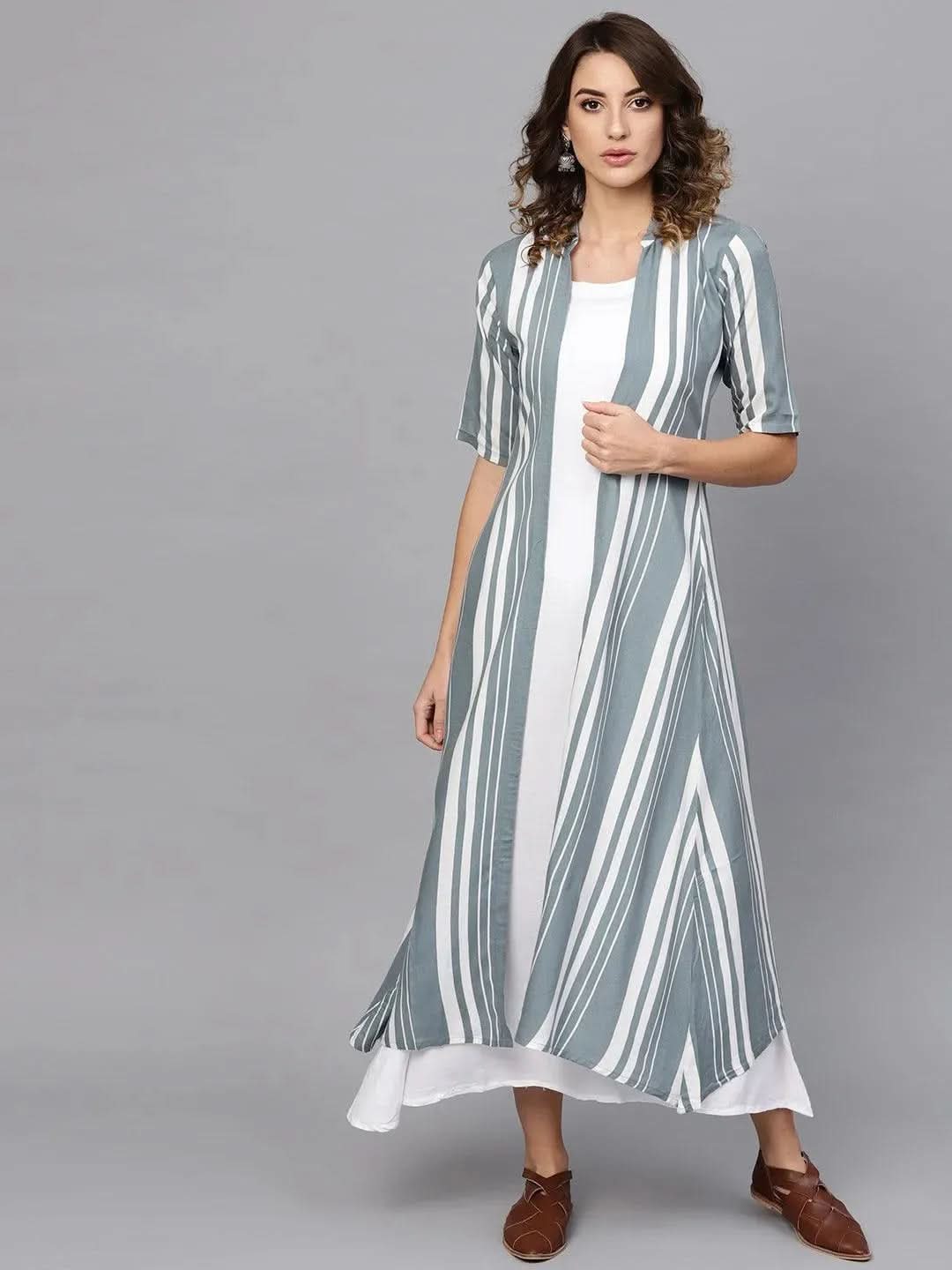 White Striped Rayon Dress With Jacket - Libas