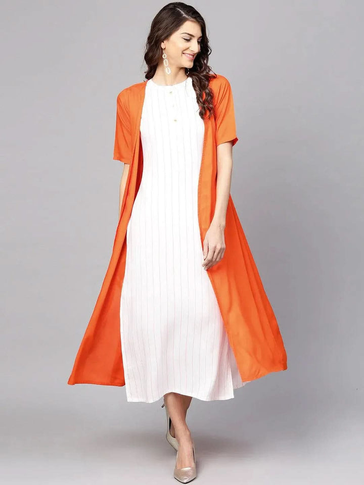 White Striped Rayon Dress With Jacket - Libas