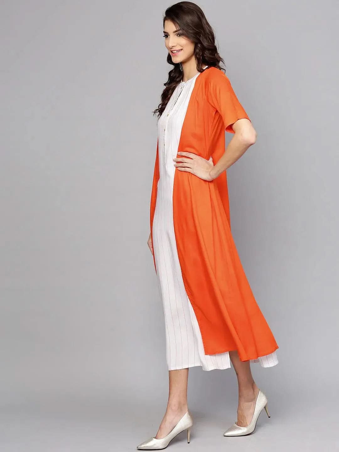 White Striped Rayon Dress With Jacket - Libas