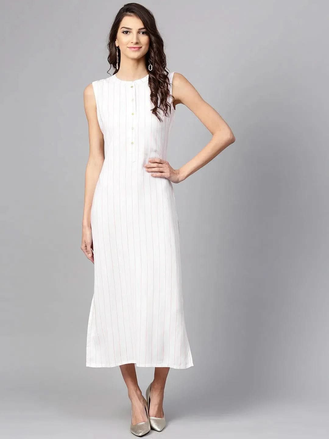 White Striped Rayon Dress With Jacket - Libas