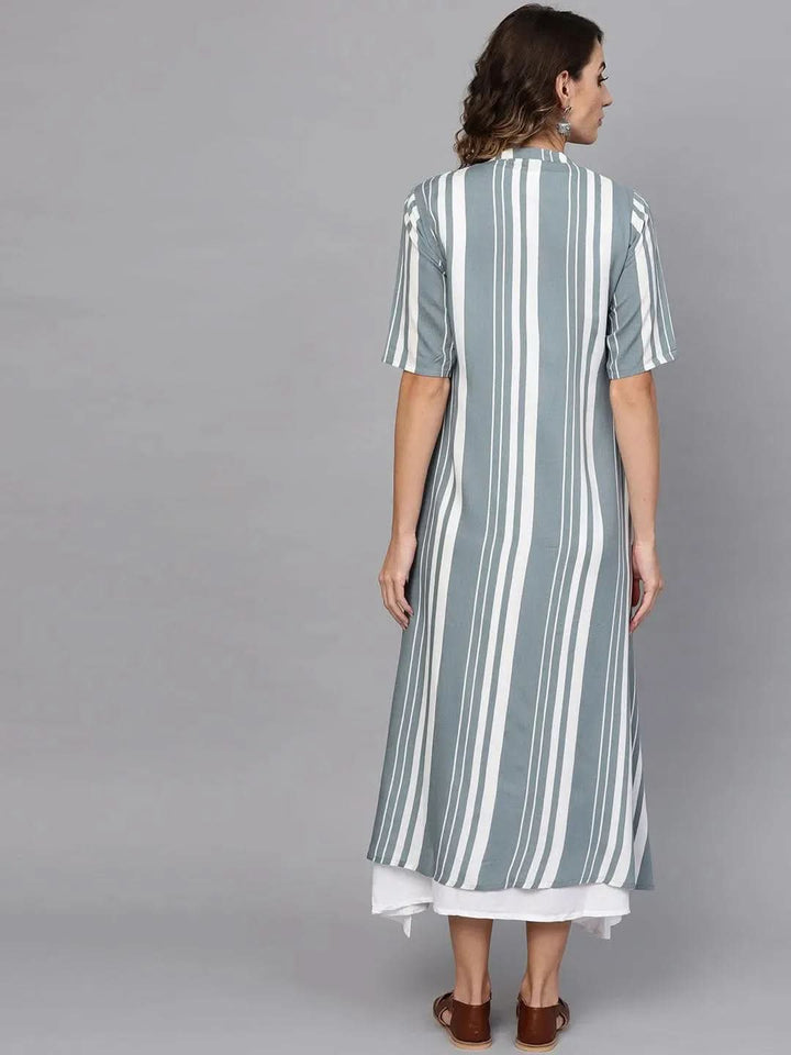 White Striped Rayon Dress With Jacket - Libas