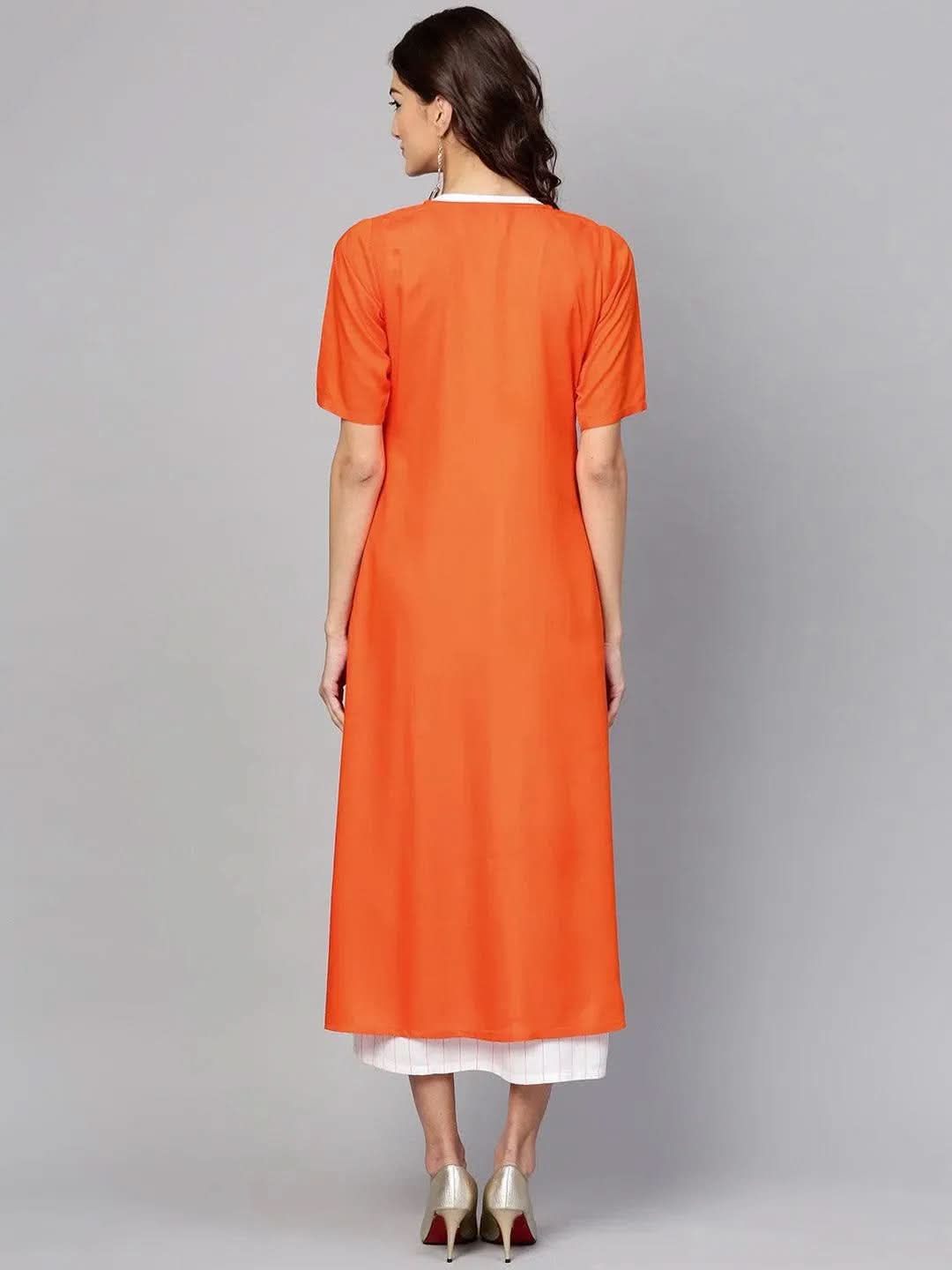 White Striped Rayon Dress With Jacket - Libas