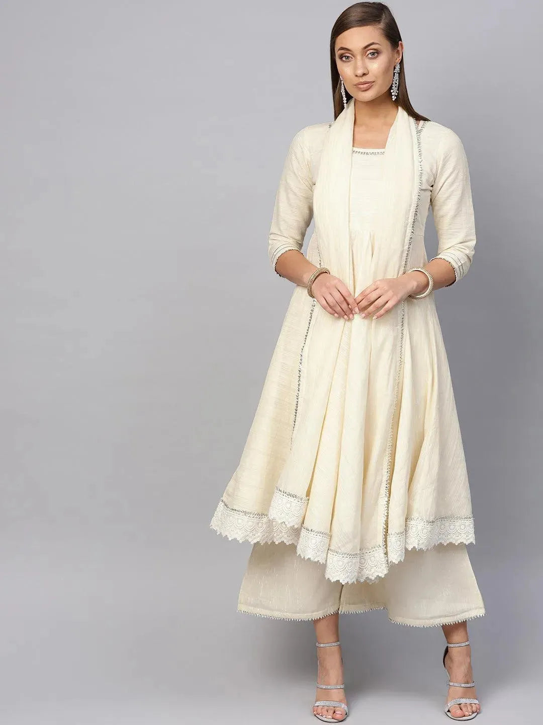 White Zari Work Cotton Suit Set - Libas