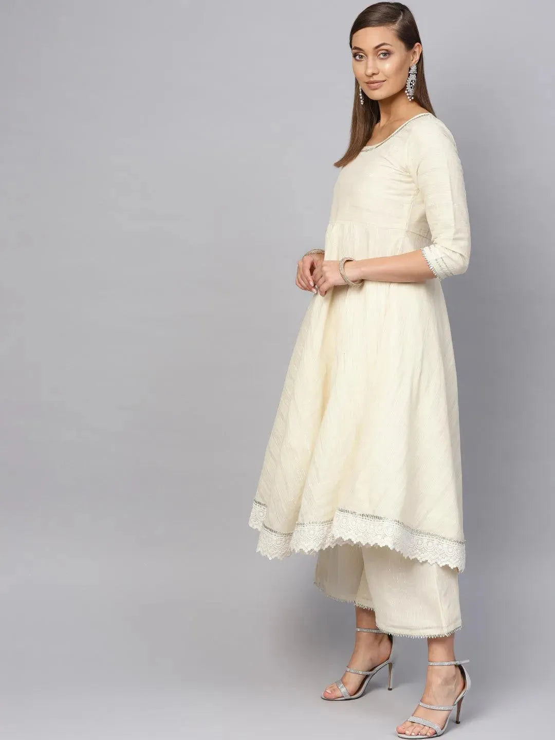 White Zari Work Cotton Suit Set - Libas