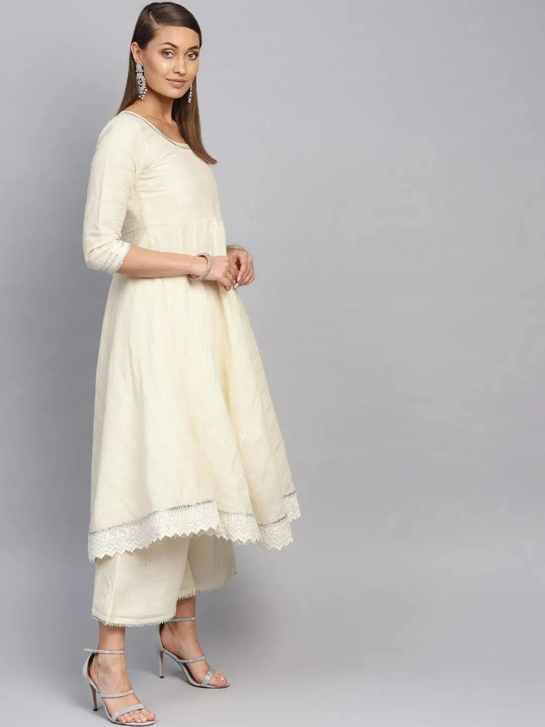 White Zari Work Cotton Suit Set - Libas