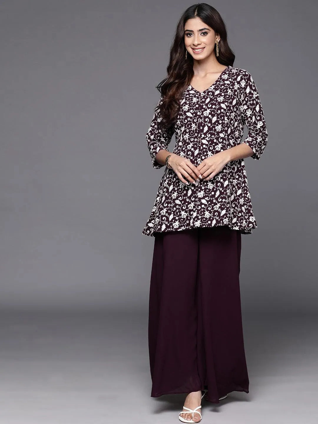 Wine Embellished Georgette Tunic With Palazzos - Libas