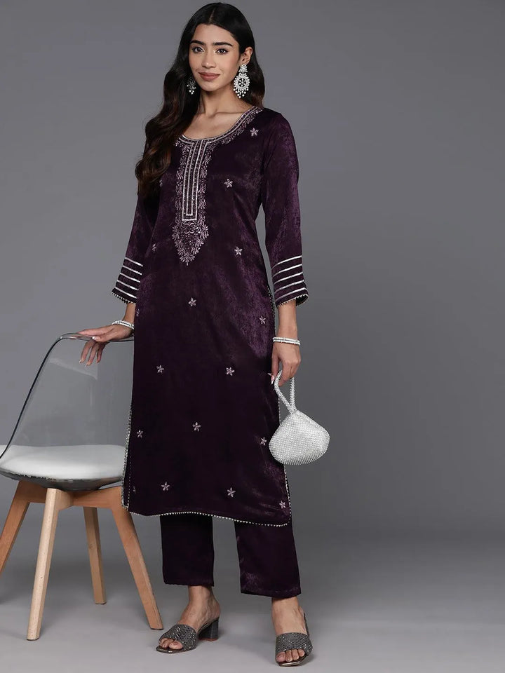 Wine Embroidered Polyester Straight Kurta With Trousers - Libas
