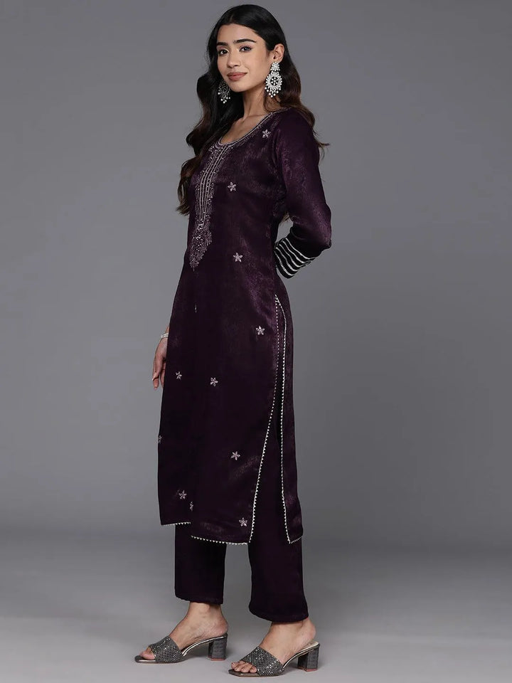 Wine Embroidered Polyester Straight Kurta With Trousers - Libas