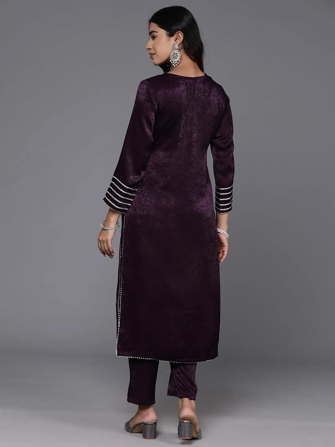 Wine Embroidered Polyester Straight Kurta With Trousers - Libas