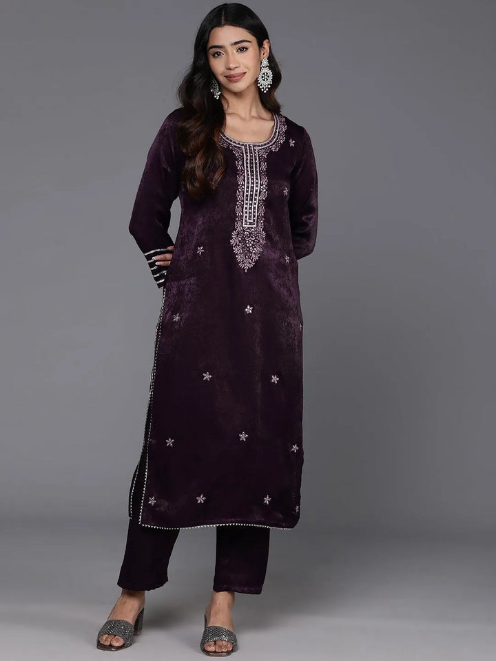 Wine Embroidered Polyester Straight Kurta With Trousers - Libas
