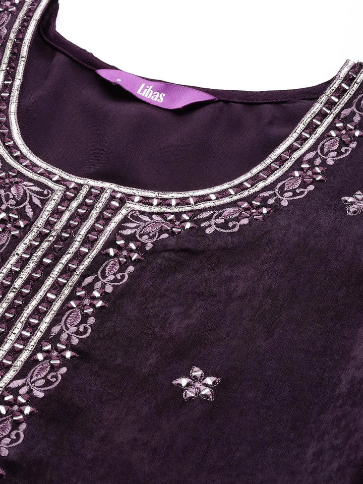 Wine Embroidered Polyester Straight Kurta With Trousers - Libas