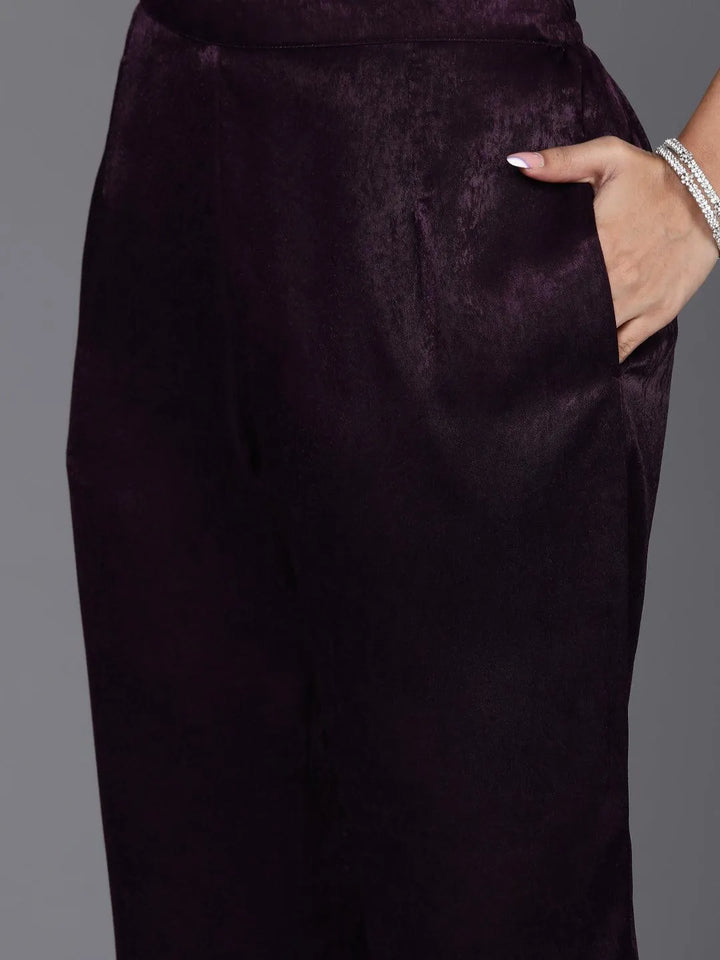 Wine Embroidered Polyester Straight Kurta With Trousers - Libas