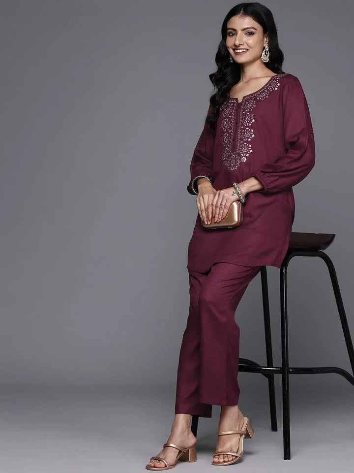 Wine Embroidered Wool Blend Tunic With Trousers - Libas