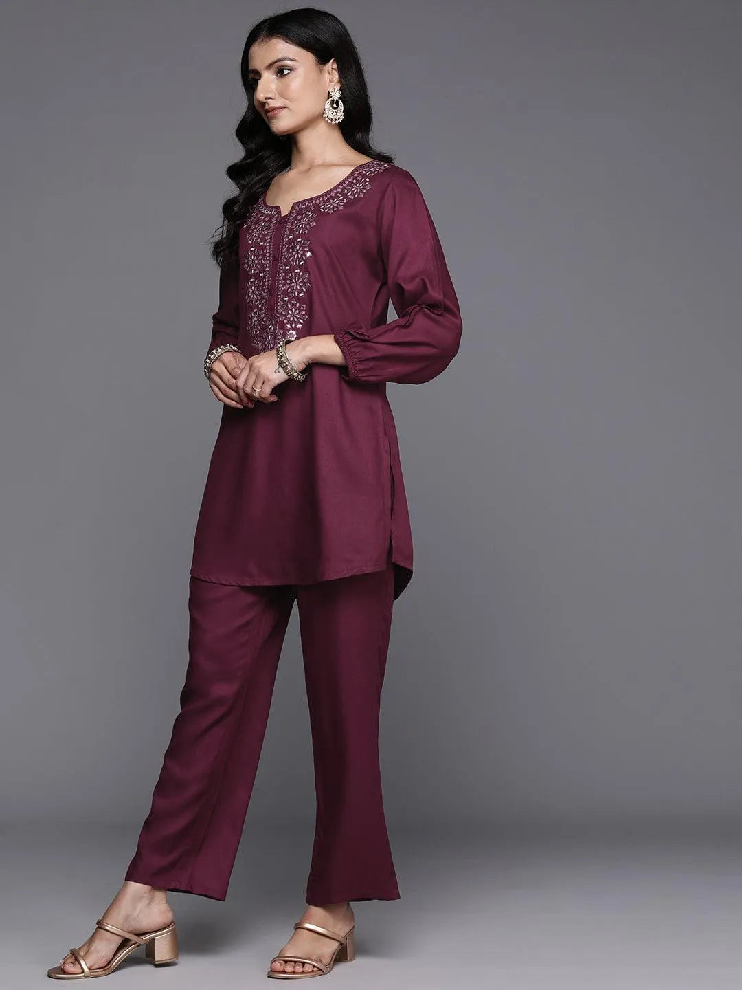 Wine Embroidered Wool Blend Tunic With Trousers - Libas