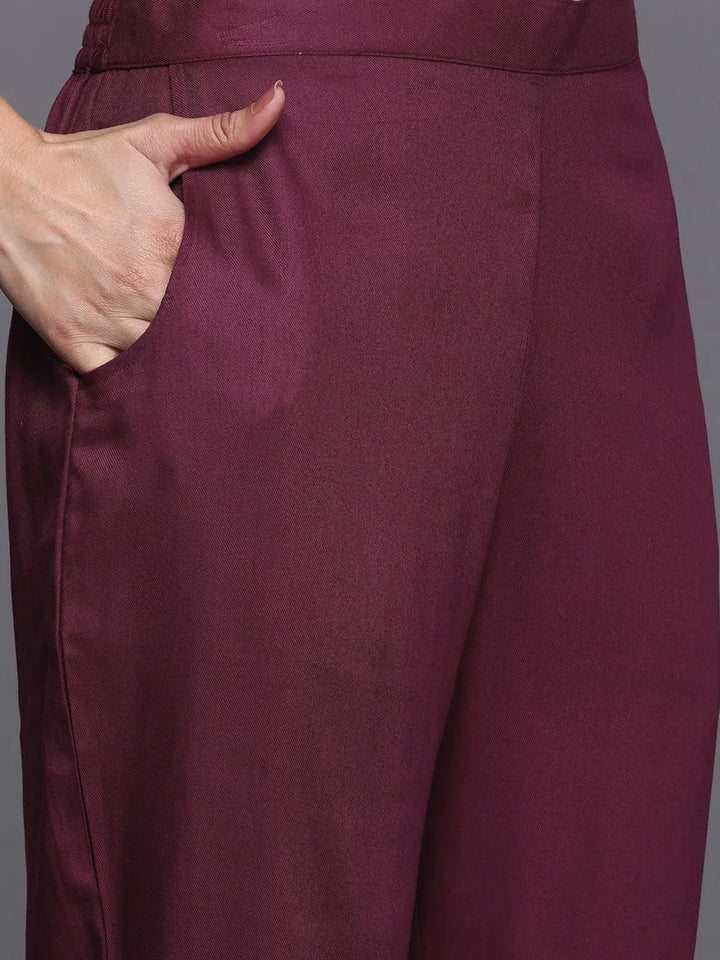 Wine Embroidered Wool Blend Tunic With Trousers - Libas