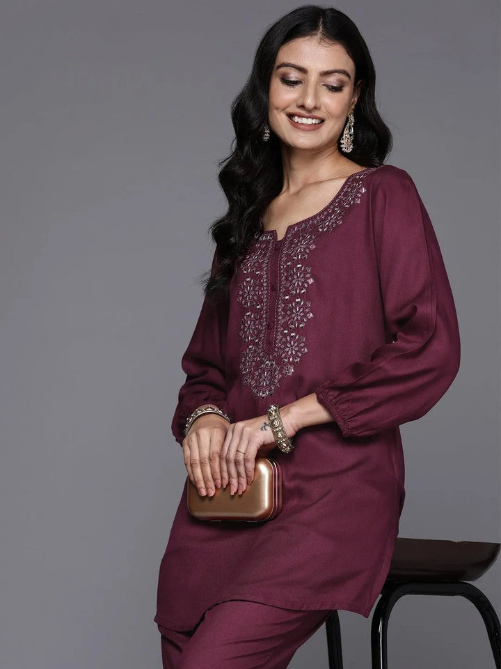 Wine Embroidered Wool Blend Tunic With Trousers - Libas