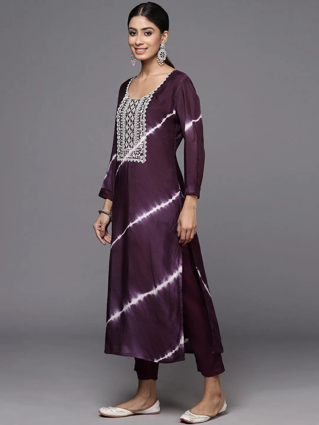 Wine Silk Blend Straight Kurta With Trousers & Dupatta - Libas