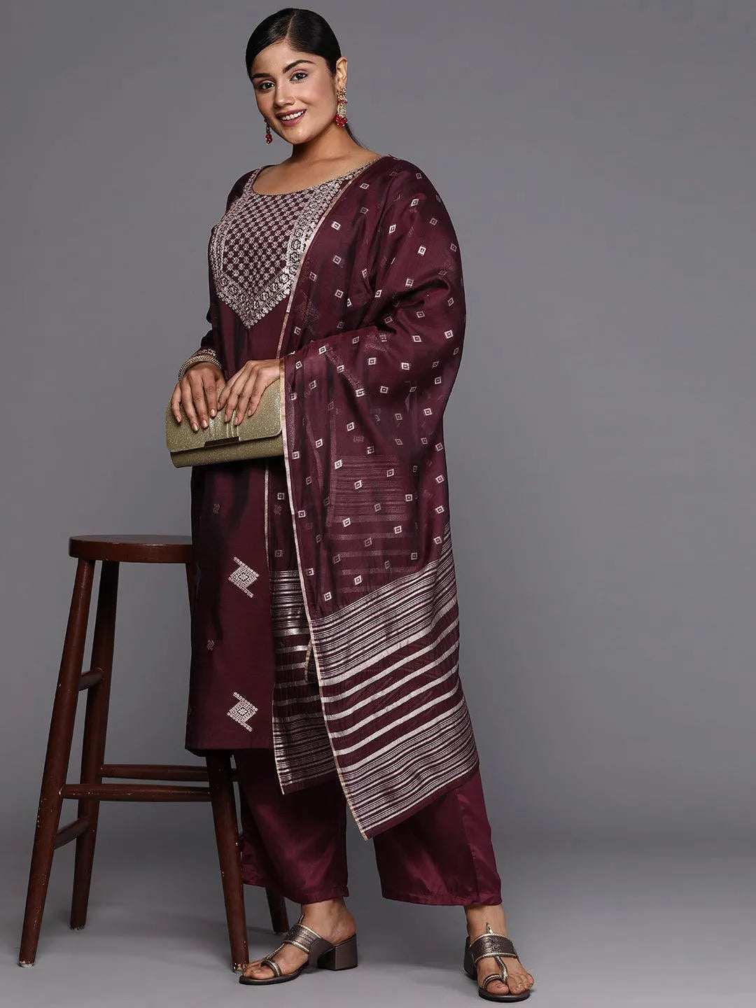 Wine Woven Design Chanderi Silk Straight Kurta With Trousers & Dupatta - Libas