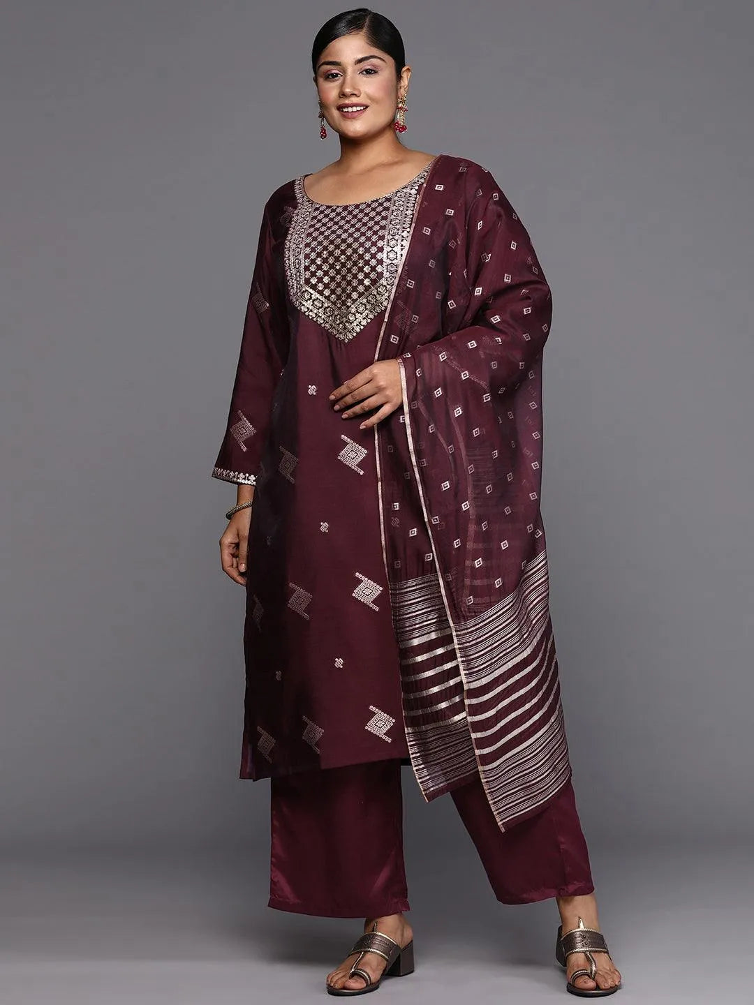 Wine Woven Design Chanderi Silk Straight Kurta With Trousers & Dupatta - Libas