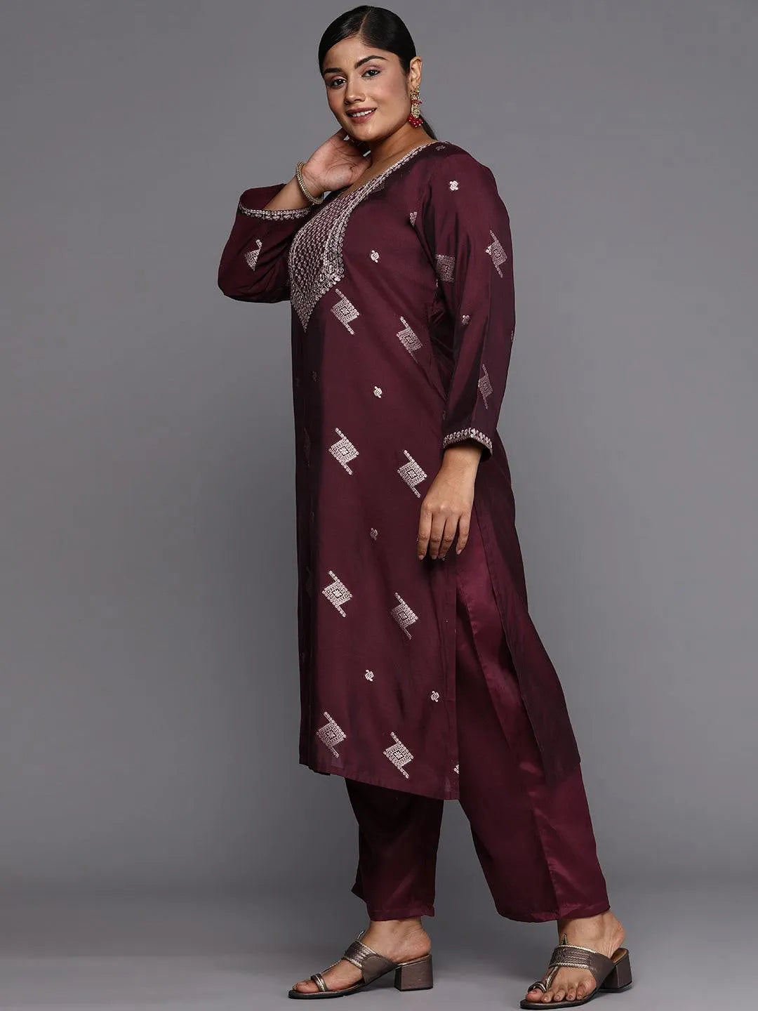 Wine Woven Design Chanderi Silk Straight Kurta With Trousers & Dupatta - Libas