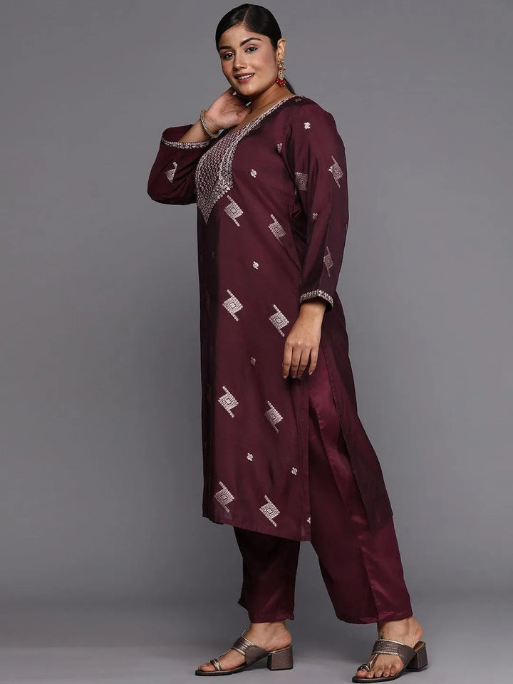Wine Woven Design Chanderi Silk Straight Kurta With Trousers & Dupatta - Libas
