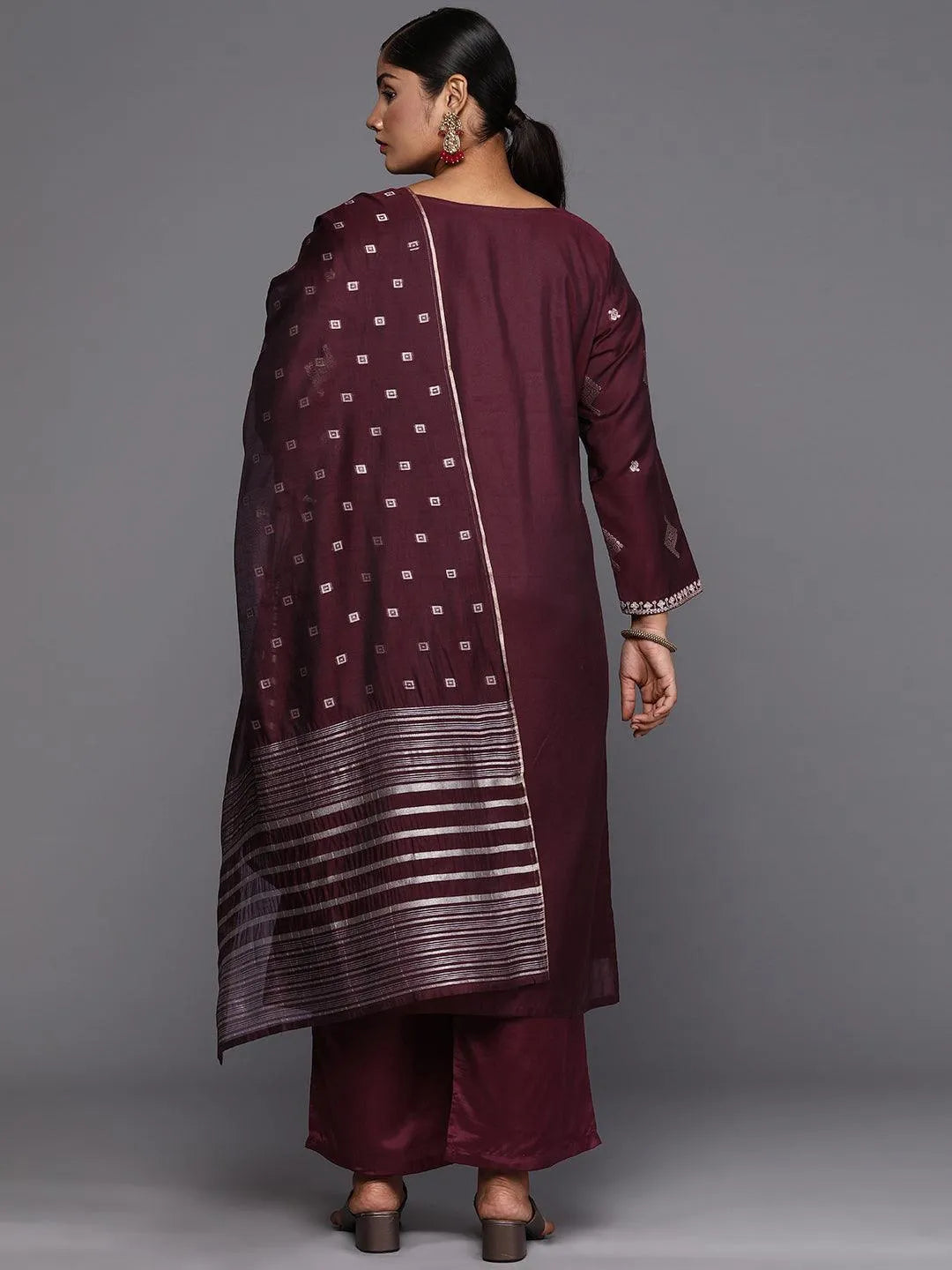 Wine Woven Design Chanderi Silk Straight Kurta With Trousers & Dupatta - Libas