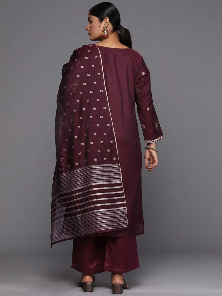 Wine Woven Design Chanderi Silk Straight Kurta With Trousers & Dupatta - Libas