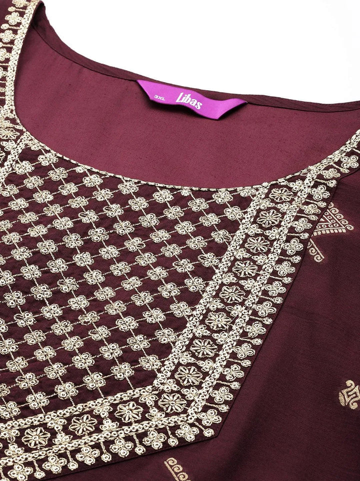 Wine Woven Design Chanderi Silk Straight Kurta With Trousers & Dupatta - Libas