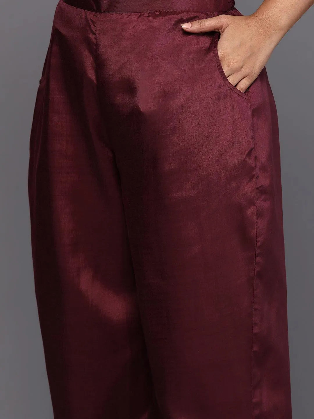 Wine Woven Design Chanderi Silk Straight Kurta With Trousers & Dupatta - Libas