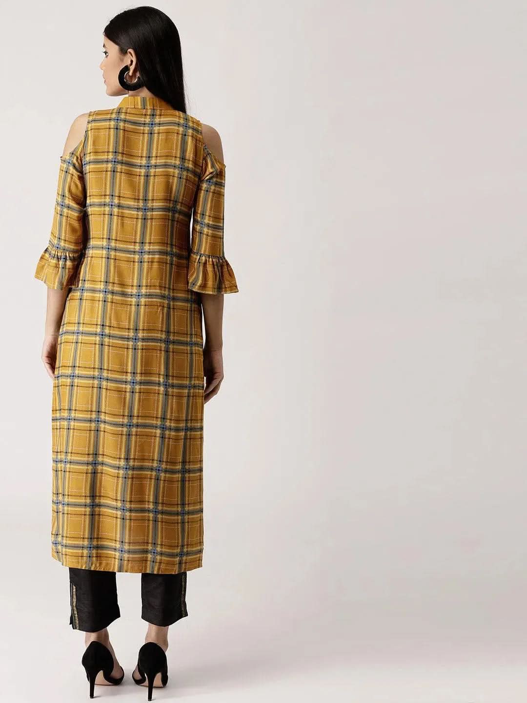 Yellow Checkered Rayon Kurta - Libas