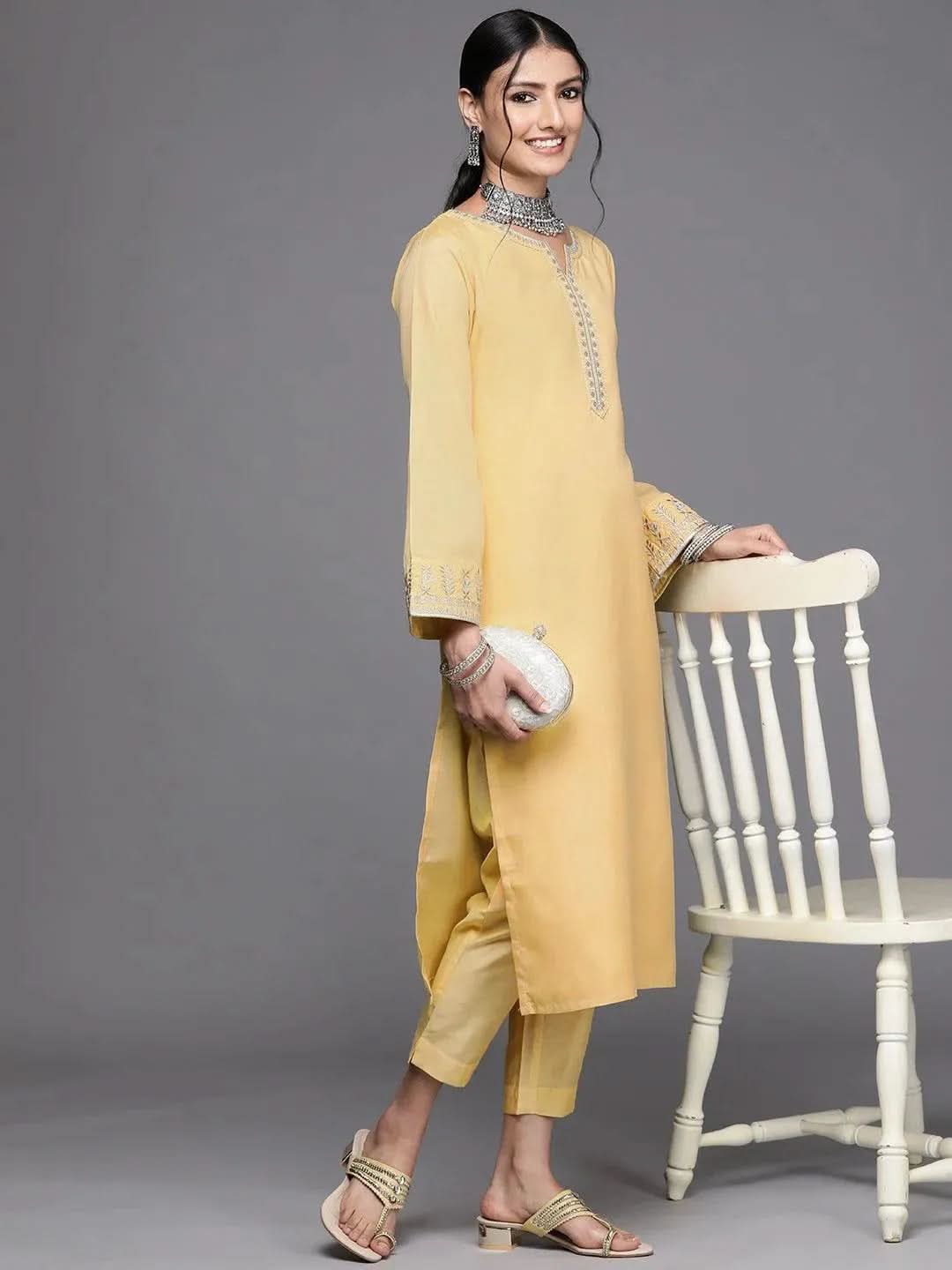 Yellow Embroidered Chanderi Silk Kurta - Libas