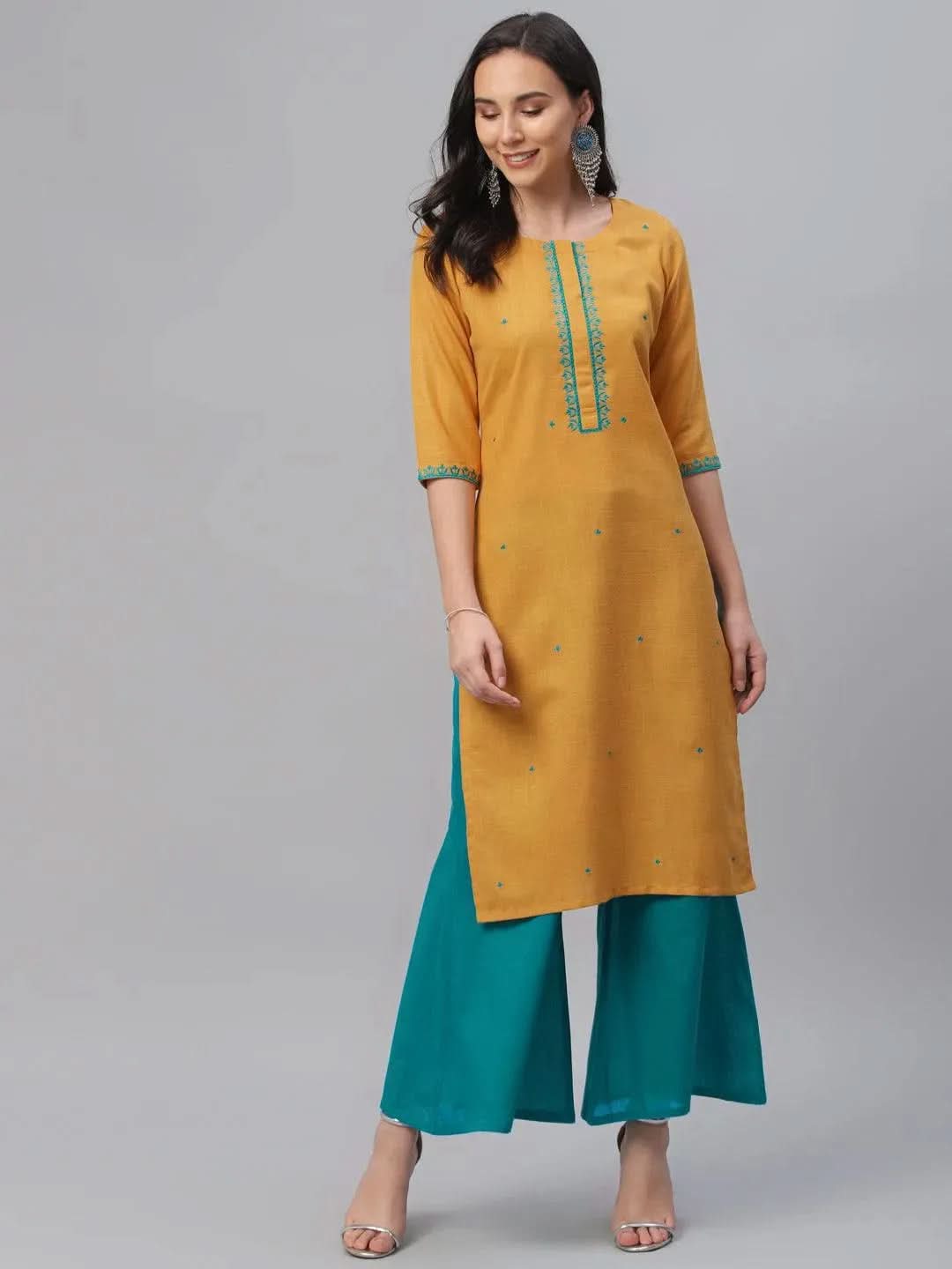Yellow Embroidered Cotton Kurta - Libas
