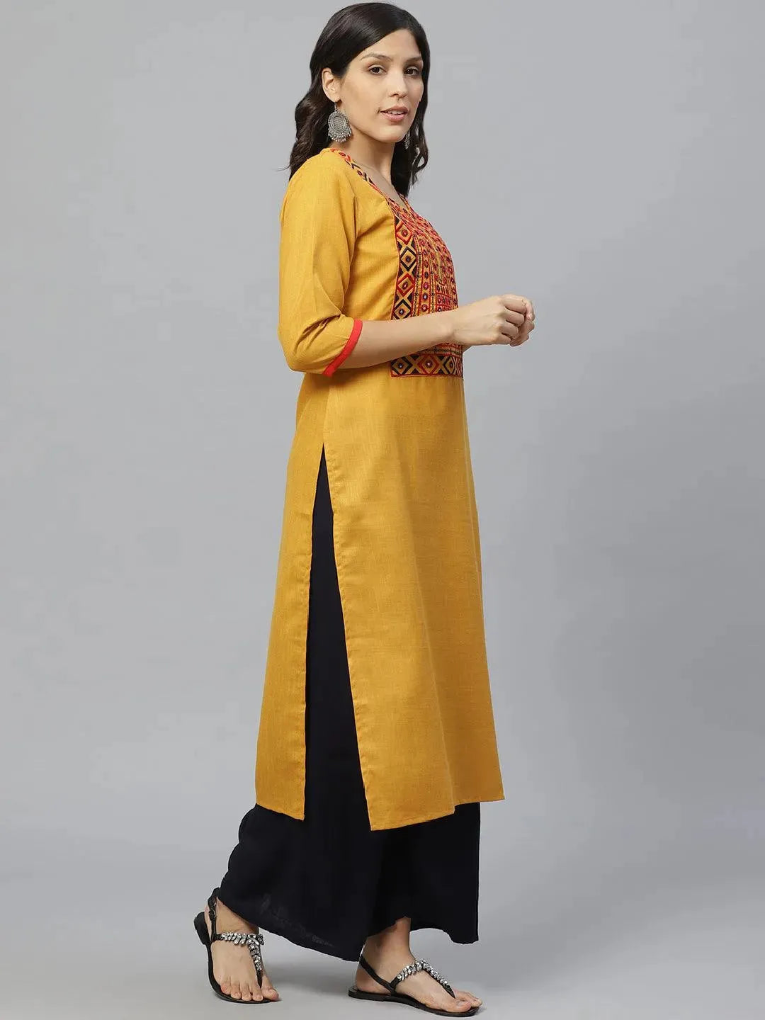 Yellow Embroidered Cotton Kurta - Libas