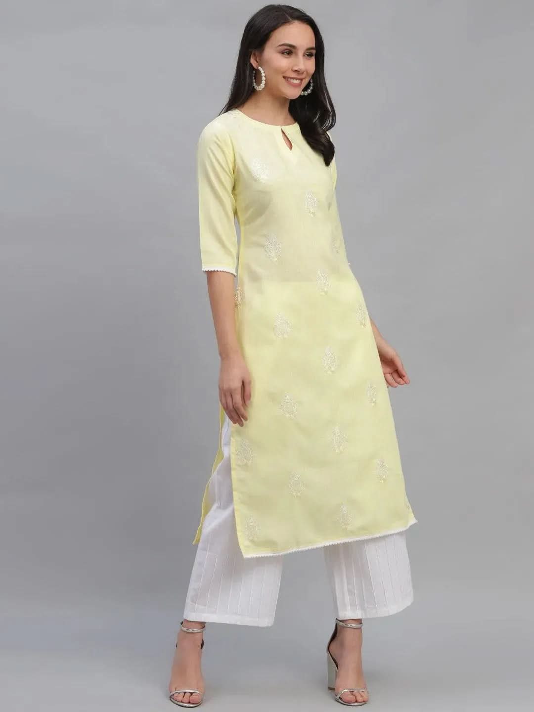 Yellow Embroidered Cotton Kurta - Libas