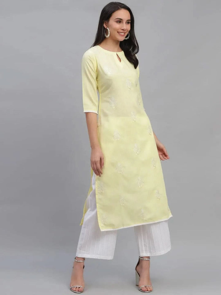 Yellow Embroidered Cotton Kurta - Libas