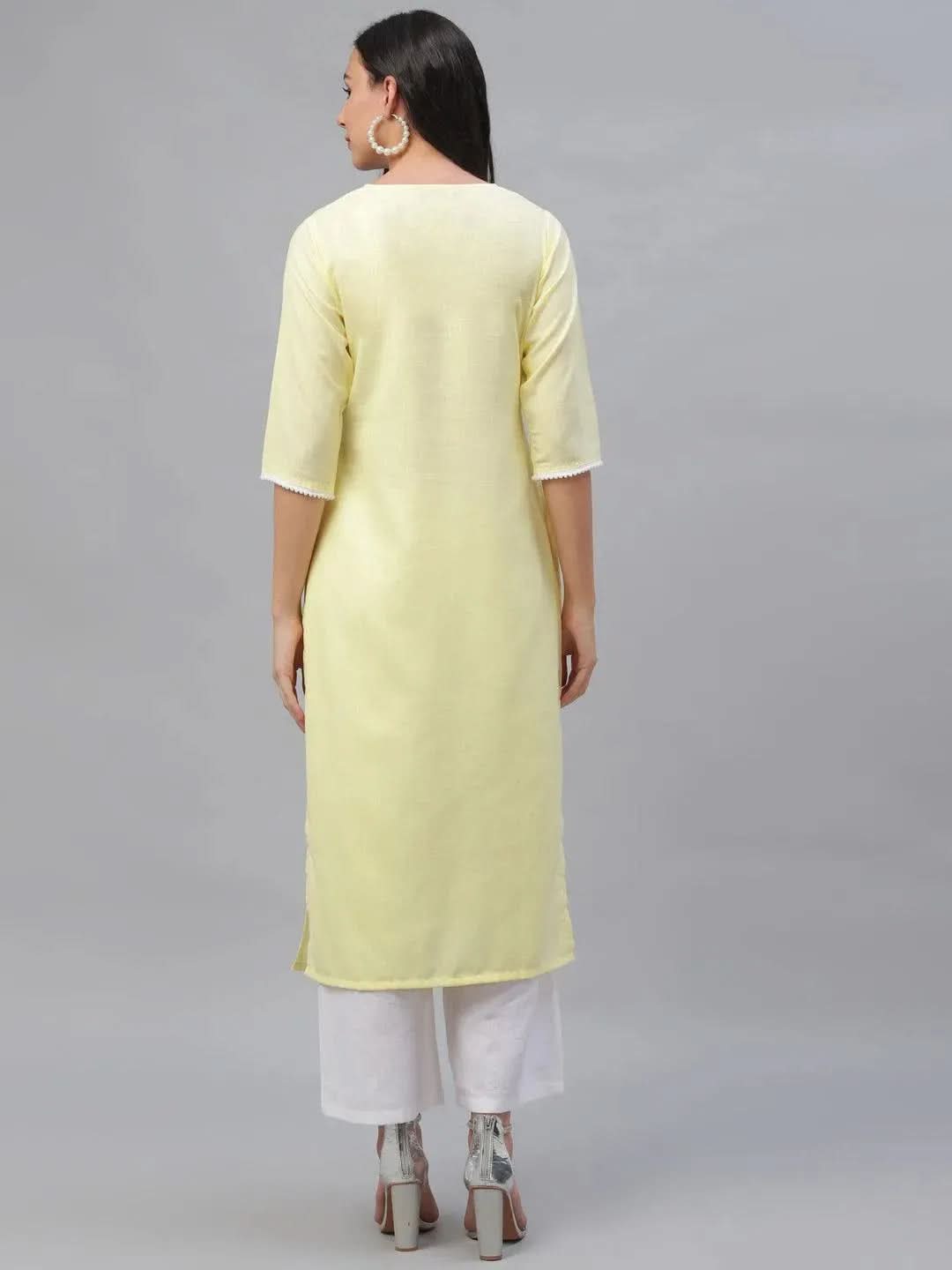 Yellow Embroidered Cotton Kurta - Libas