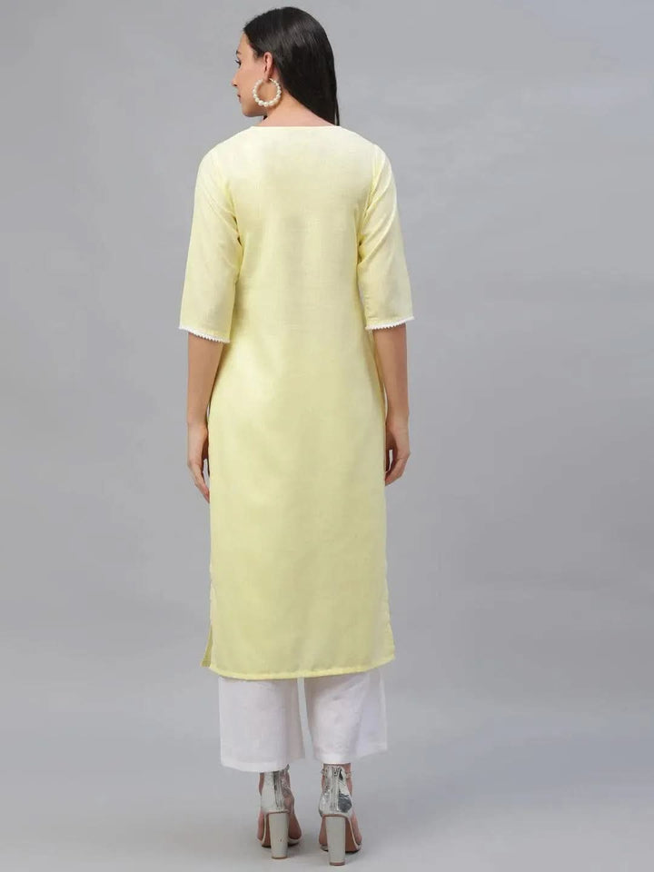 Yellow Embroidered Cotton Kurta - Libas