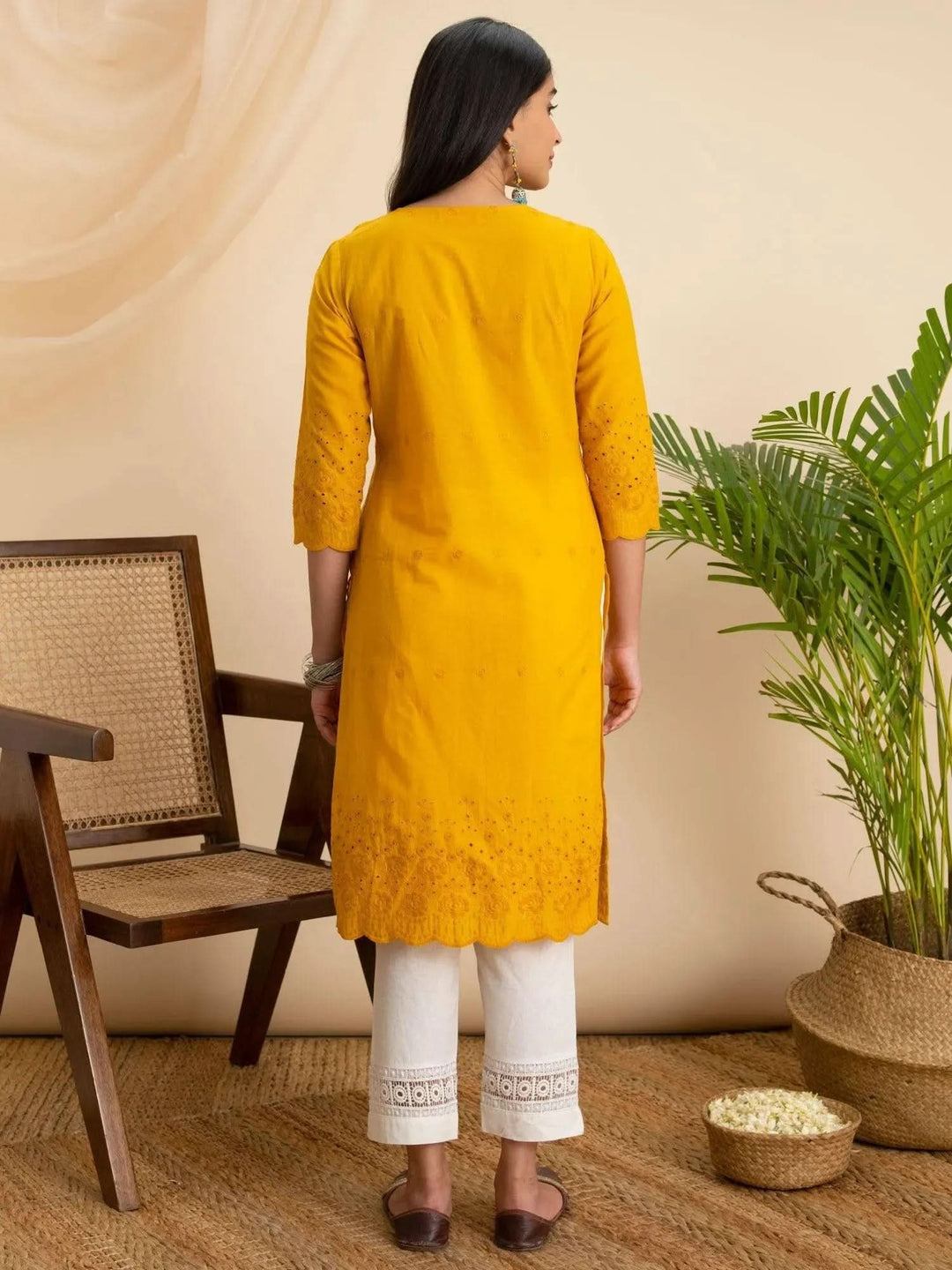 Yellow Embroidered Cotton Kurta - Libas