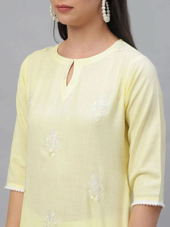 Yellow Embroidered Cotton Kurta - Libas
