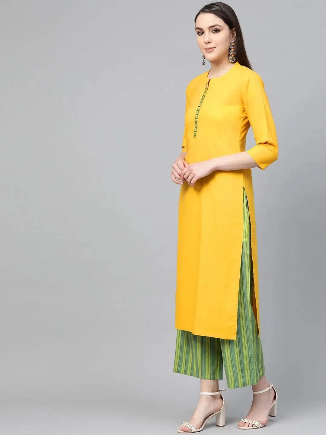 Yellow Embroidered Cotton Straight Kurta With Palazzos & Dupatta
Yellow Embroidered Cotton Straight Kurta With Palazzos & Dupatta