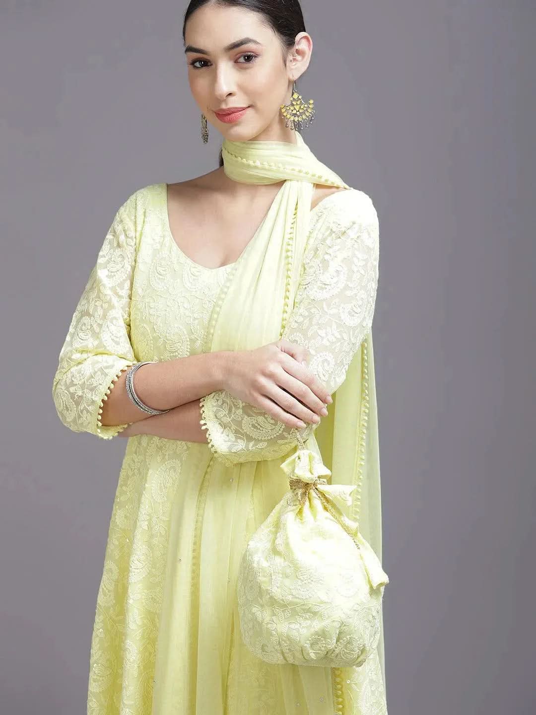 Yellow Embroidered Georgette Anarkali Kurta With Churidar & Dupatta
Yellow Embroidered Georgette Anarkali Kurta With Churidar & Dupatta