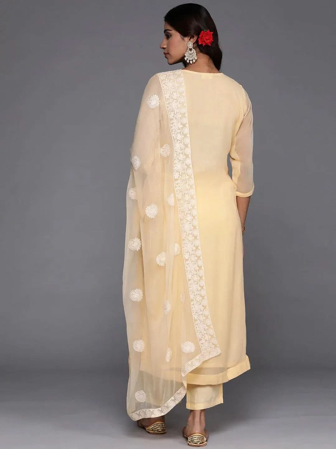 Yellow Embroidered Georgette Straight Kurta With Trousers & Dupatta
Yellow Embroidered Georgette Straight Kurta With Trousers & Dupatta