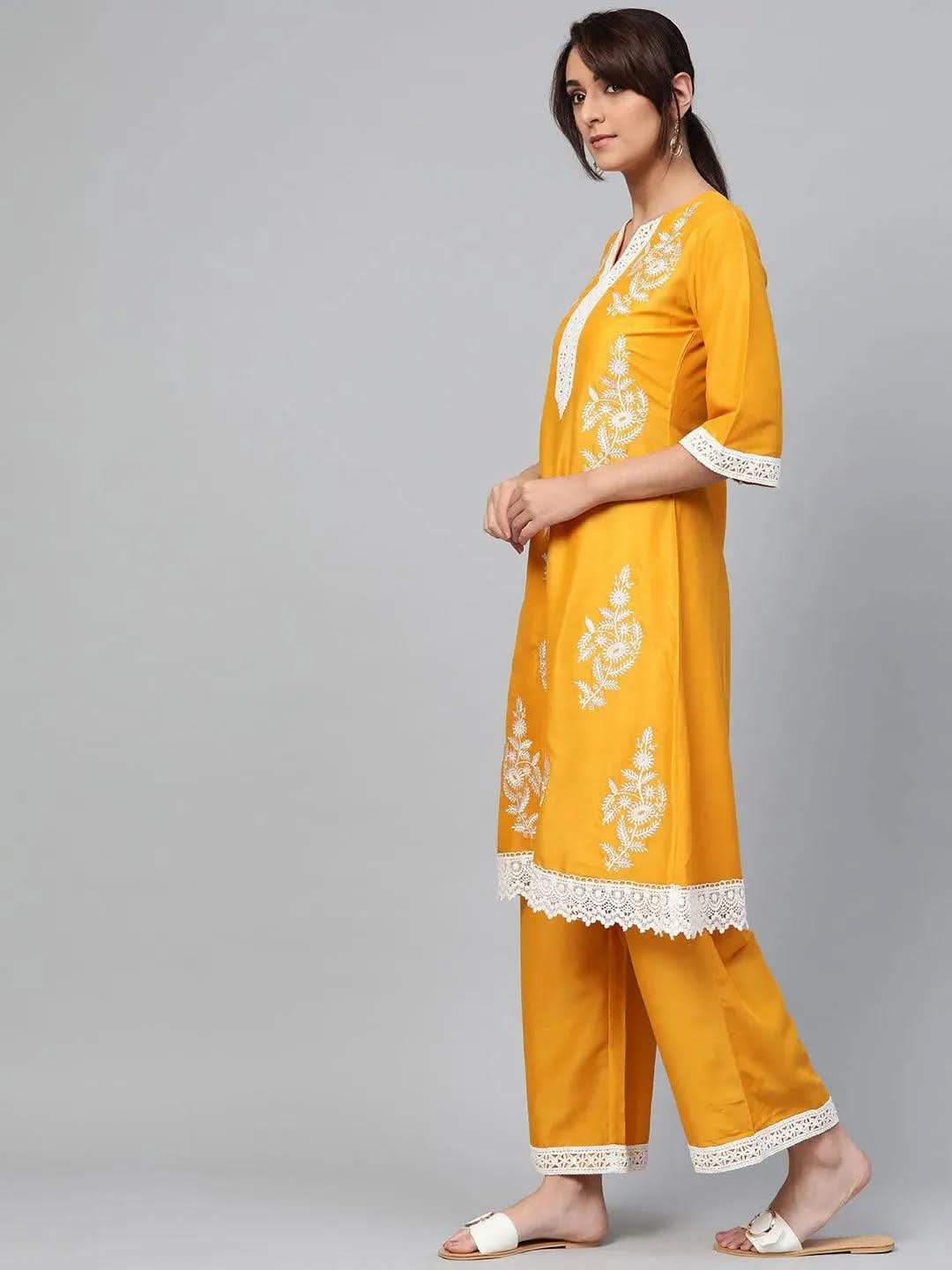 Yellow Embroidered Polyester Kurta Set - Libas