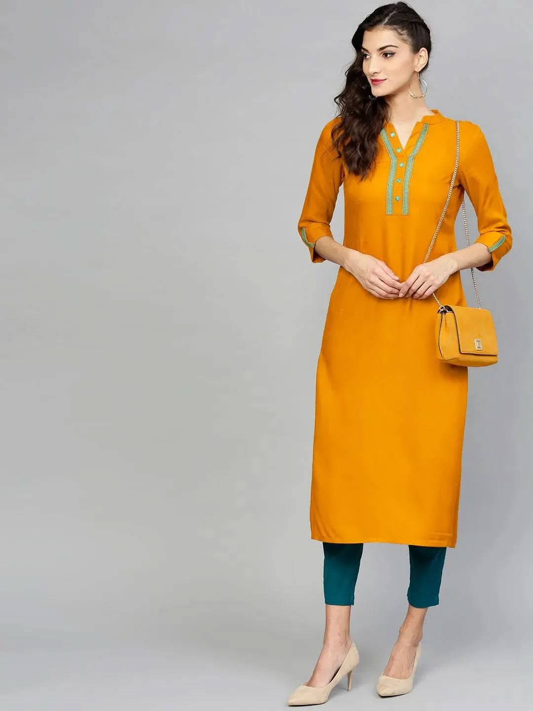 Yellow Embroidered Rayon Kurta - Libas