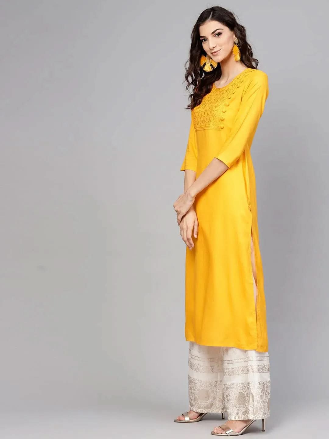 Yellow Embroidered Rayon Kurta - Libas