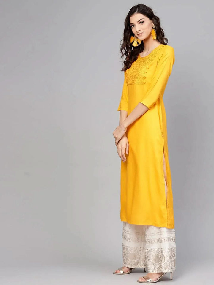Yellow Embroidered Rayon Kurta - Libas